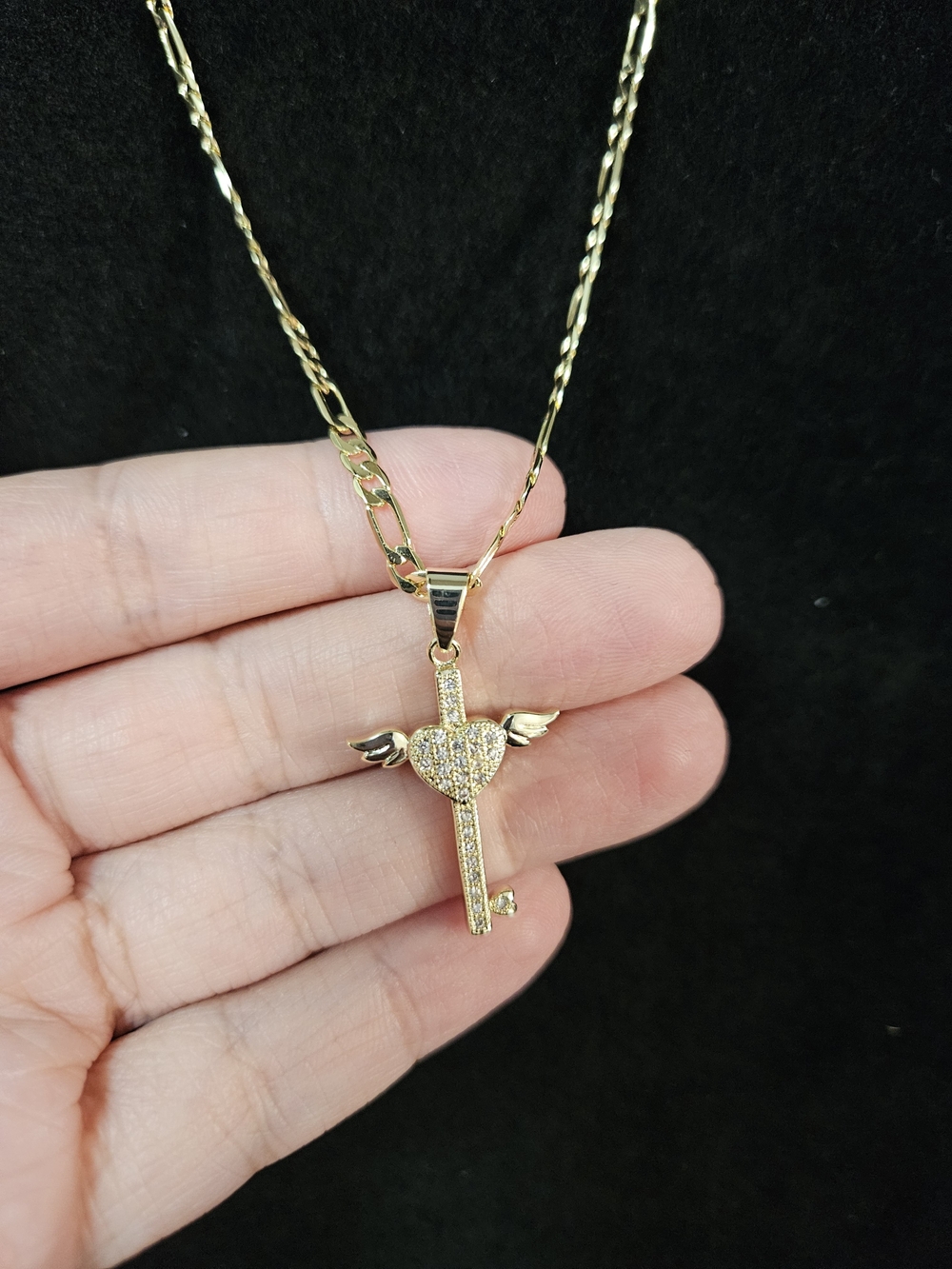 Gold Plated Heart & Key Pendant Necklace with Wings